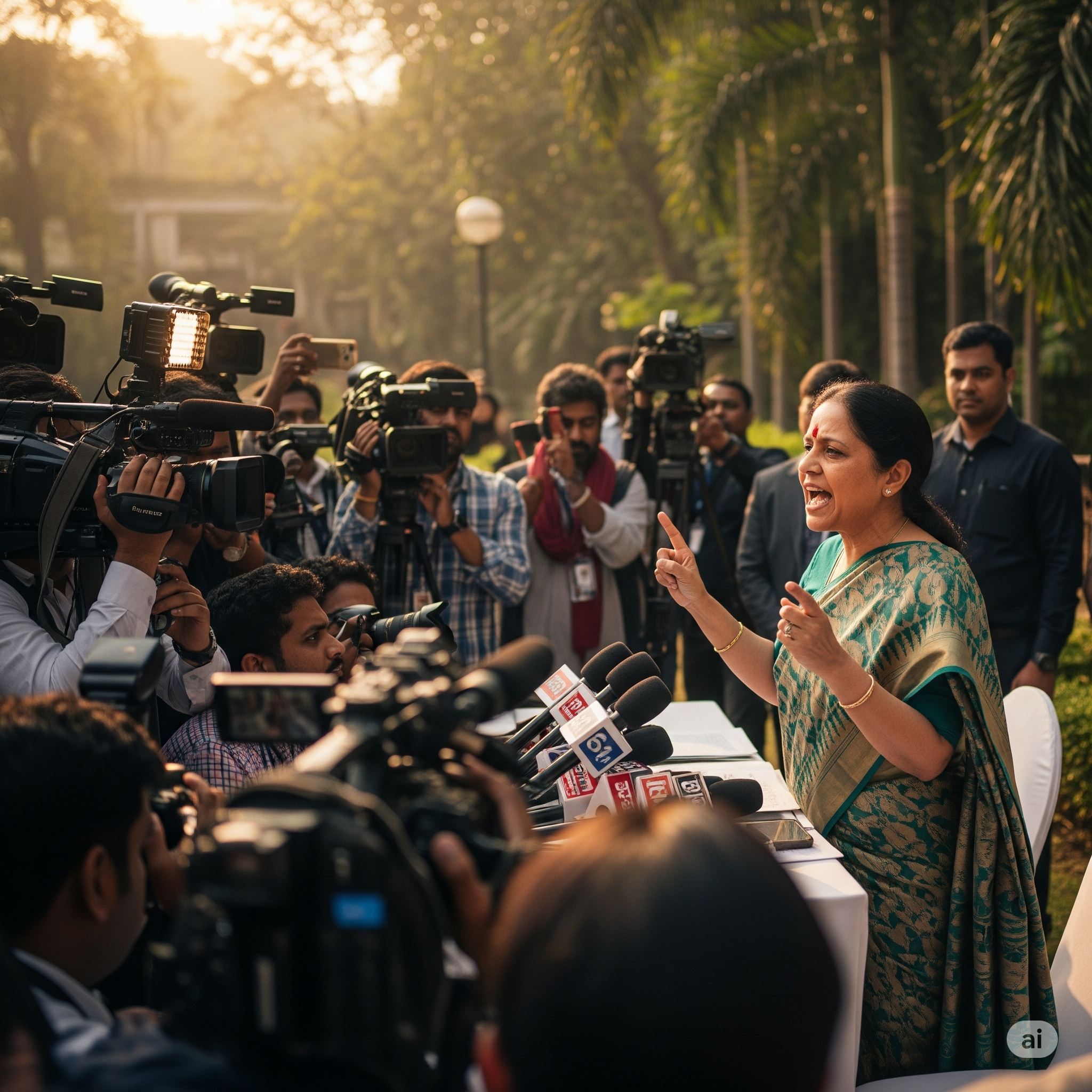 Female Indian politician speaking passionately at a press conference surrounded by media