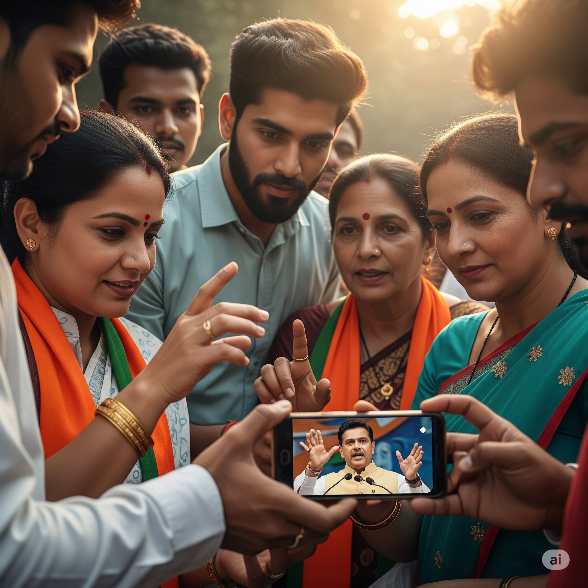 Group of Indian voters watching a politician's speech on a smartphone
